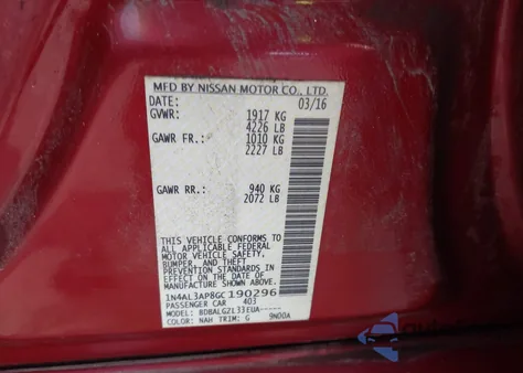 2016 Nissan Altima 2.5/2.5 S/2.5 Sl/2.5 Sr/2.5 Sv из США, поврежденный, VIN 1N4AL3AP8GC190296